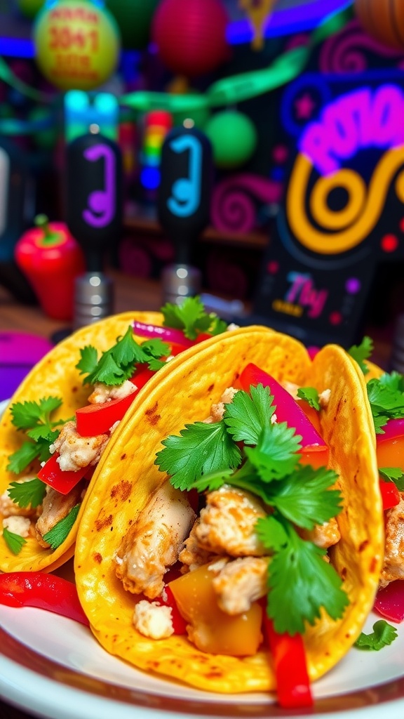 Delicious chicken tacos with peppers and cilantro on a vibrant plate, surrounded by 80s-themed decorations.